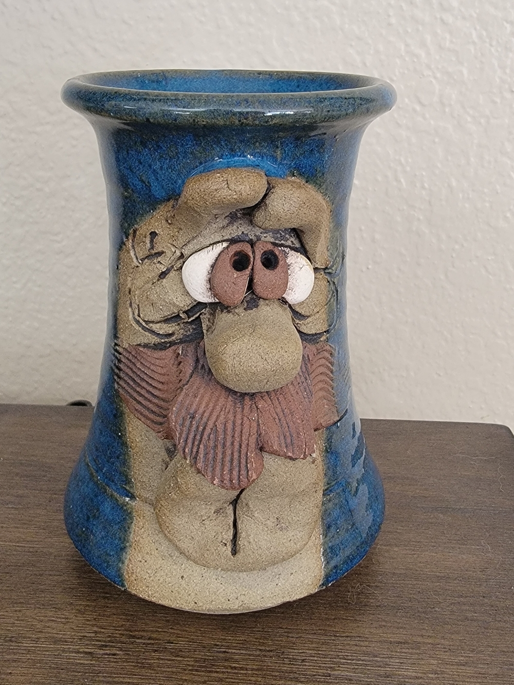 Ugly Mug/Handcrafted Ceramic Vase or Mug with Whimsical Face - Blue and Tan